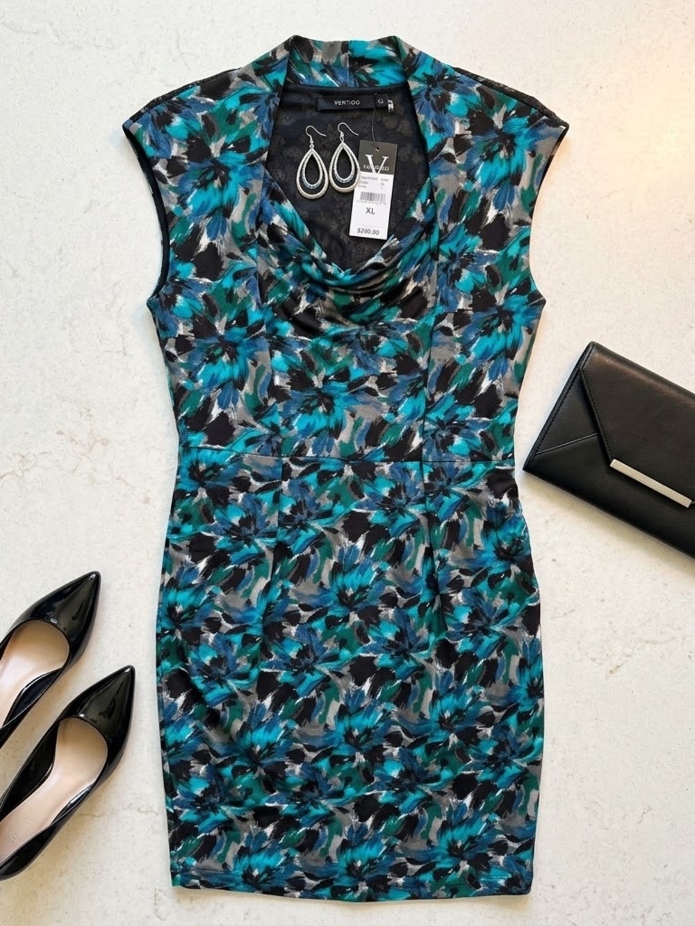 Vertigo Paris Blue Floral Abstract Pleated Drape Cowl Sheath Dress XL NWT
